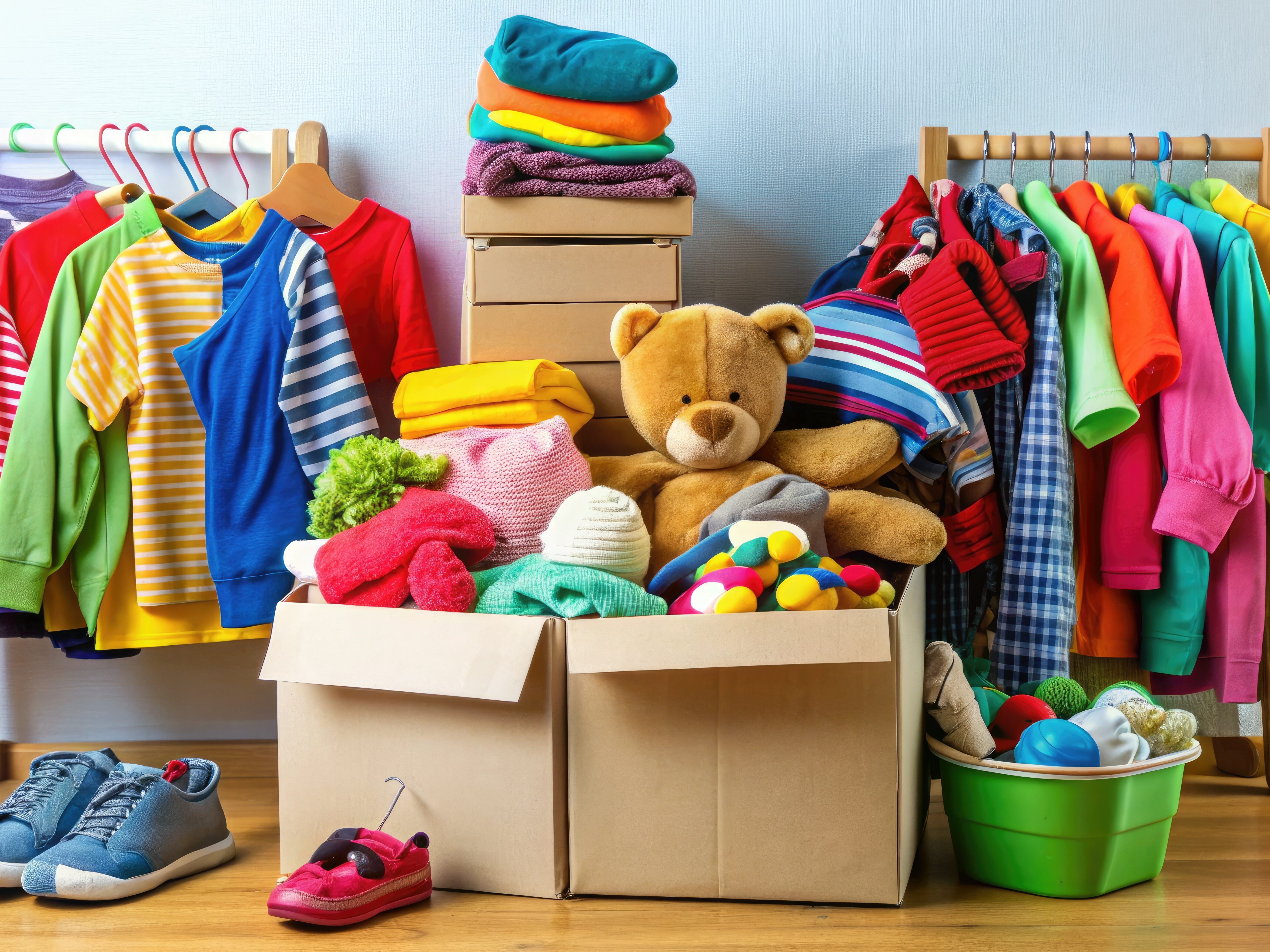 A colorful array of gently used clothing, household goods, and toys are organized and stacked, ready to be donated to a local charity.